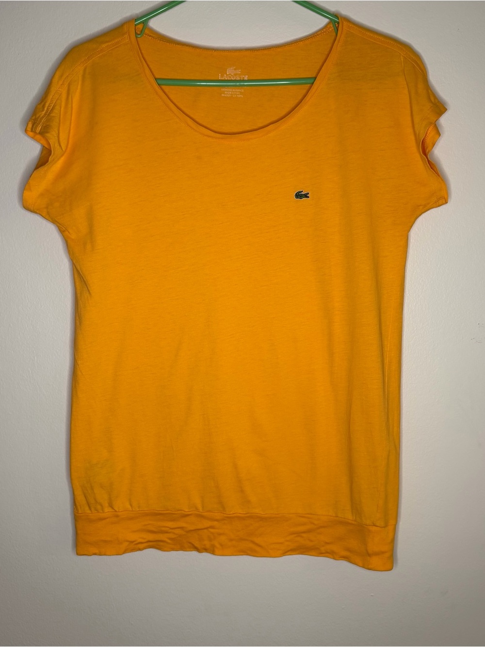 Lacoste Women’s Short Sleeve Tee in Orange with Green Crocodile, size 38- M